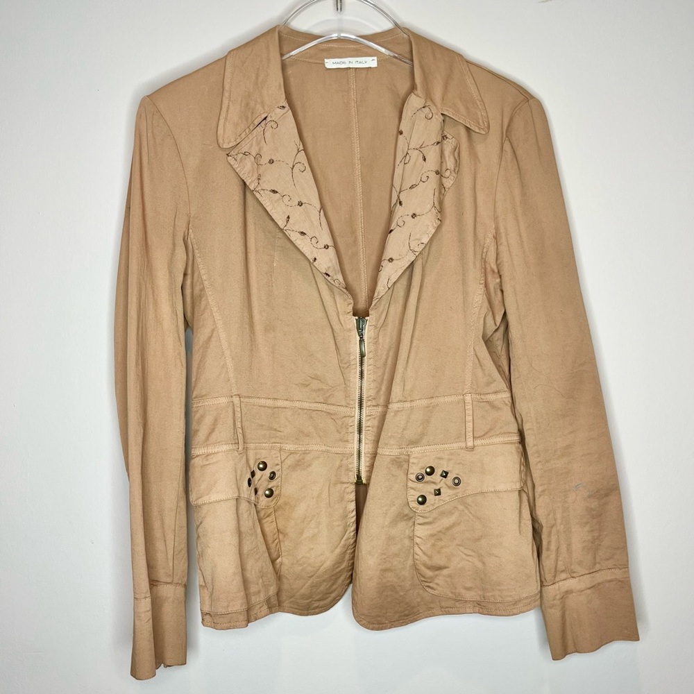 Made in Italy Women's Tan Embroidered Collar Stud Pocket Detail Jacket Size 44